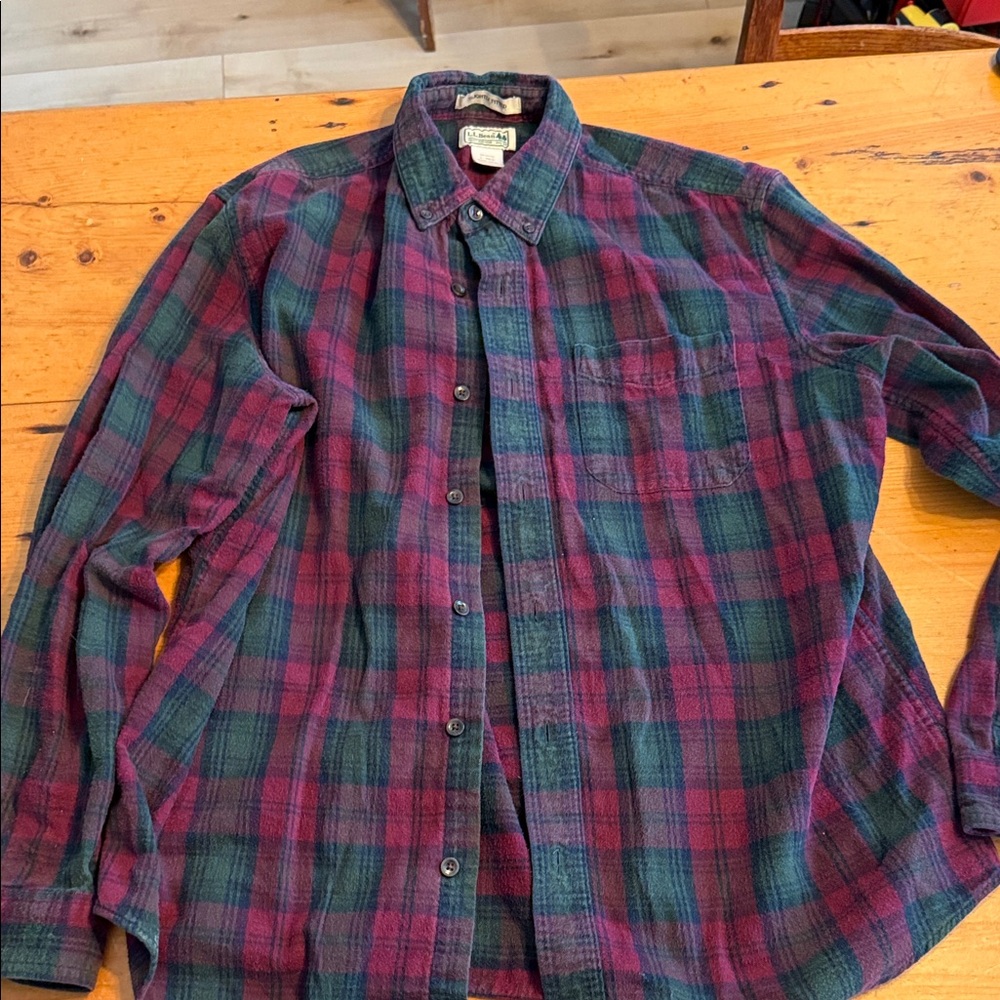 L.L. Bean flannel Plaid Button-Down Shirt - Burgundy and Green